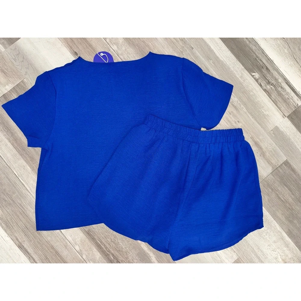 Meet Me In Santorini Short Set Women Blue V-Neck Top Elastic Waist Shorts XS